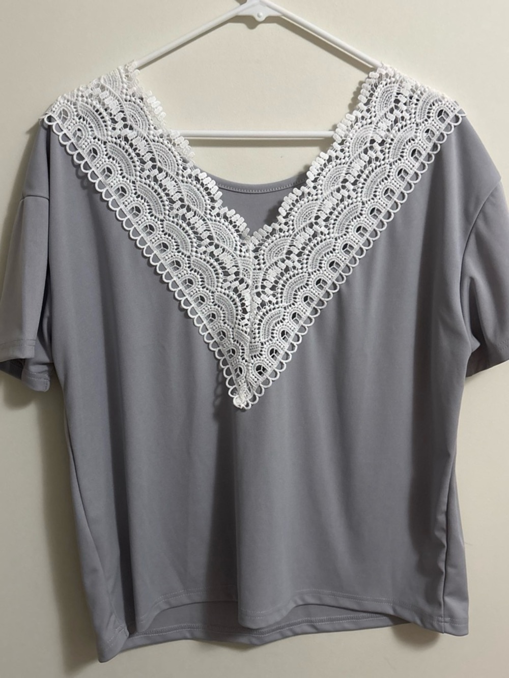 SHEIN Gray Short Sleeve Top with White Lace V-Neck